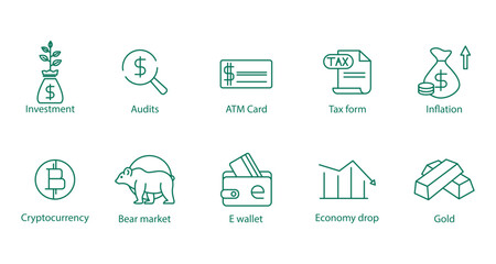 Financial Essentials Icons: Vector Illustrations Featuring Investment, Audits, ATM Card, Tax Form, Inflation, Bear Market, E-Wallet, and Economy Drop