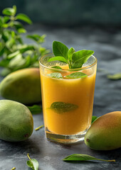 Fototapeta premium Refreshing Aam Panna: Roasted Raw Mango Juice in a Transparent Glass made with roasted raw mango, spices, mint leaves and ice water