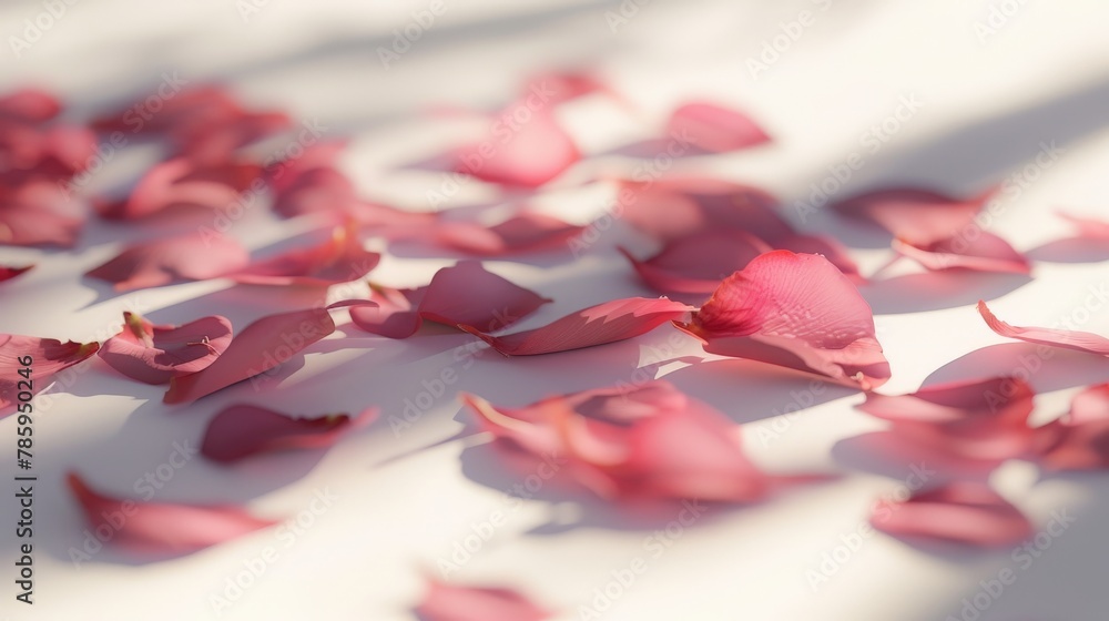 Poster petals of a flower scattered across a clean, white surface. play with light and shadow to create a s