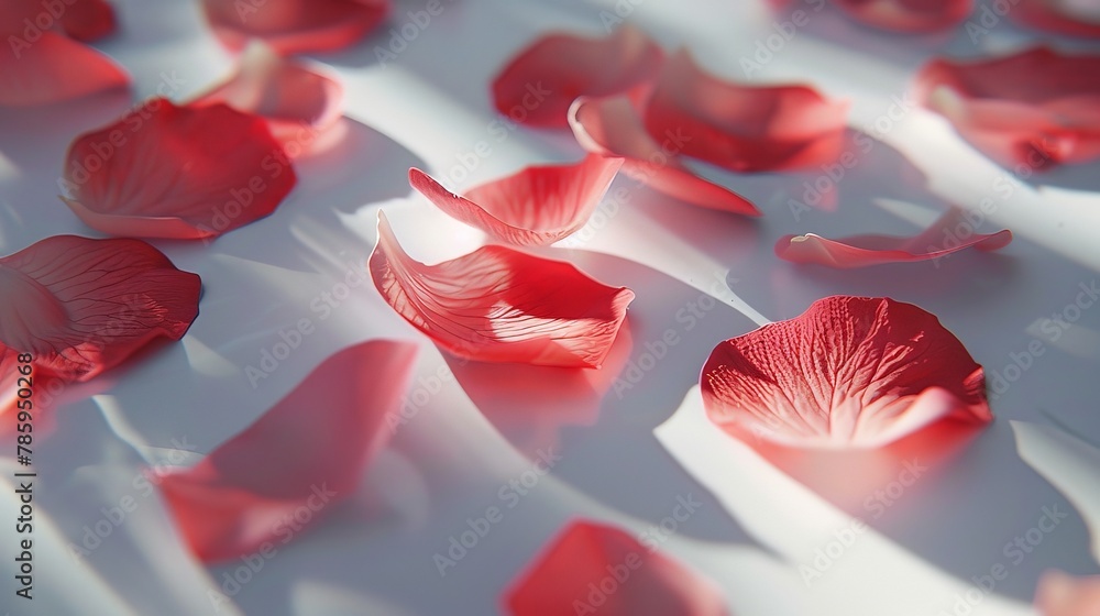 Poster petals of a flower scattered across a clean, white surface. play with light and shadow to create a s