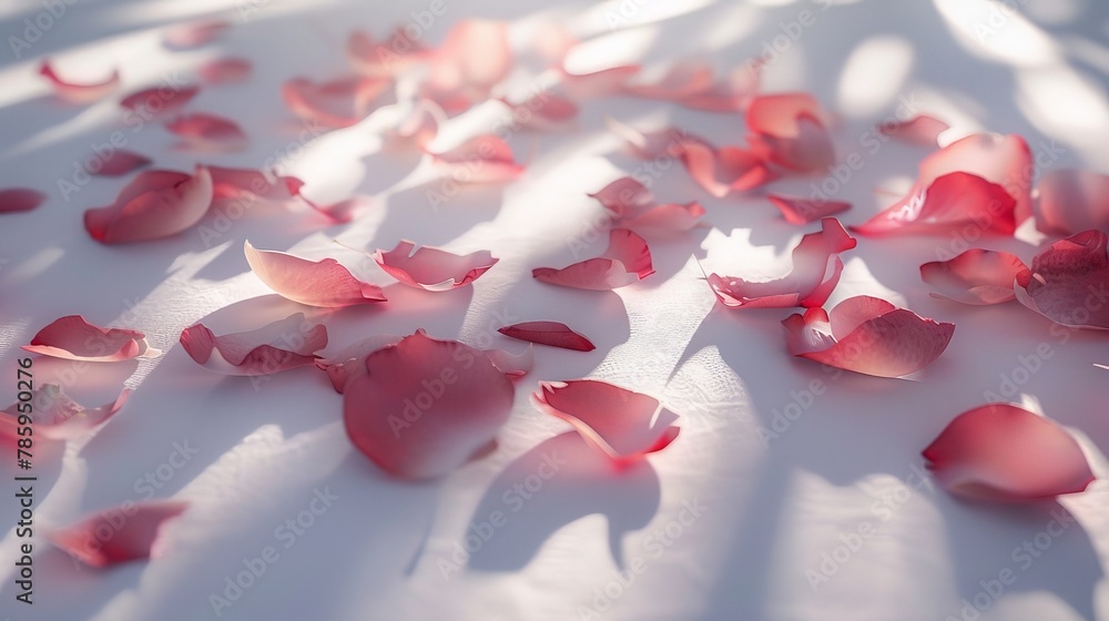 Poster petals of a flower scattered across a clean, white surface. play with light and shadow to create a s