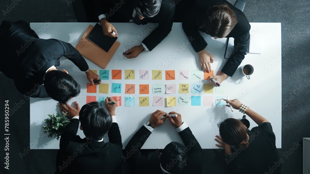 Aufkleber top down aerial view of manager discuss and choose marketing idea from sticky notes. group of busine