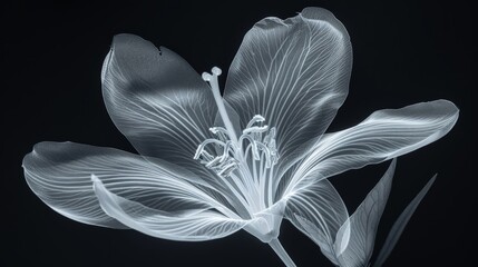X-ray image of a flower, revealing the intricate structure of the stem, petals, and stamen. Create a scientific yet beautiful composition. 