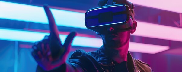 Person with VR headset showing peace sign in vivid colors.