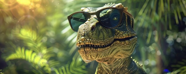 Stylish dinosaur with sunglasses illustration. banner