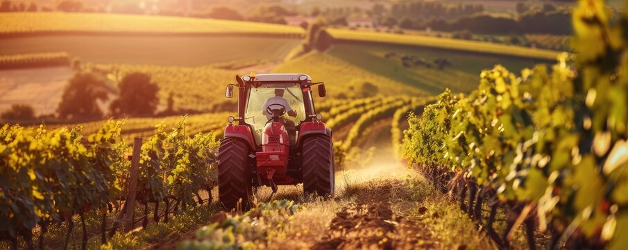 Fototapeta A farmer drives a tractor through rows of lush vines in a well-maintained vineyard during harvest