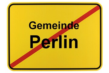 Illustration eines Ortsschildes der Gemeinde Perlin in Mecklenburg-Vorpommern - obrazy, fototapety, plakaty