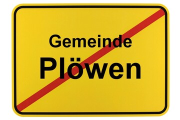 Illustration eines Ortsschildes der Gemeinde Plöwen in Mecklenburg-Vorpommern - obrazy, fototapety, plakaty