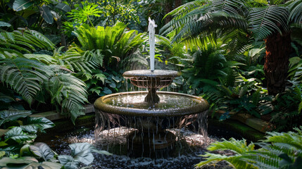 a secluded corner of a garden, where a trickling fountain provides a soothing melody amidst lush greenery and delicate ferns High detailed,high resolution,realistic and high quality photo - obrazy, fototapety, plakaty