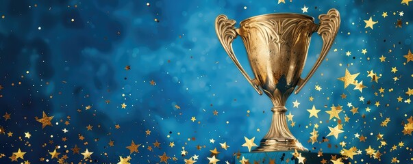 golden trophy amidst a shower of stars symbolizes victory, achievement, and success in a celebratory way - obrazy, fototapety, plakaty