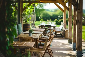 Fototapeta premium A farm-to-table café located on a picturesque countryside farm, offering seasonal dishes made with organic ingredients sourced directly from the farm, Generative AI