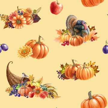 Thanksgiving decor seamless pattern. Watercolor illustration. Autumn floral festive decor with pumpkin, cornucopia, fallen bright leaves, fruit, turkey. Thanksgiving vintage style seamless pattern