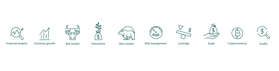Art & IllustrationFinancial Landscape Icons: Vector Illustrations Reflecting Financial Analysis, Economy Growth, Bull Market, Investment, Bear Market, Risk Management, Leverage, Profit, Cryptocurrency