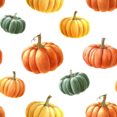 Pumpkin seamless pattern. Watercolor painted illustration. Hand drawn ripe orange autumn pumpkins decoration. Thanksgiving and halloween bright seamless pattern element. White background