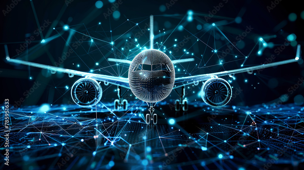 Poster an airplane soars gracefully over a intricate network of lines and dots, symbolizing the fusion of t
