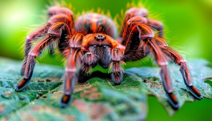 Detailed macro shot of tarantula in natural habitat, showcasing intricate spider details