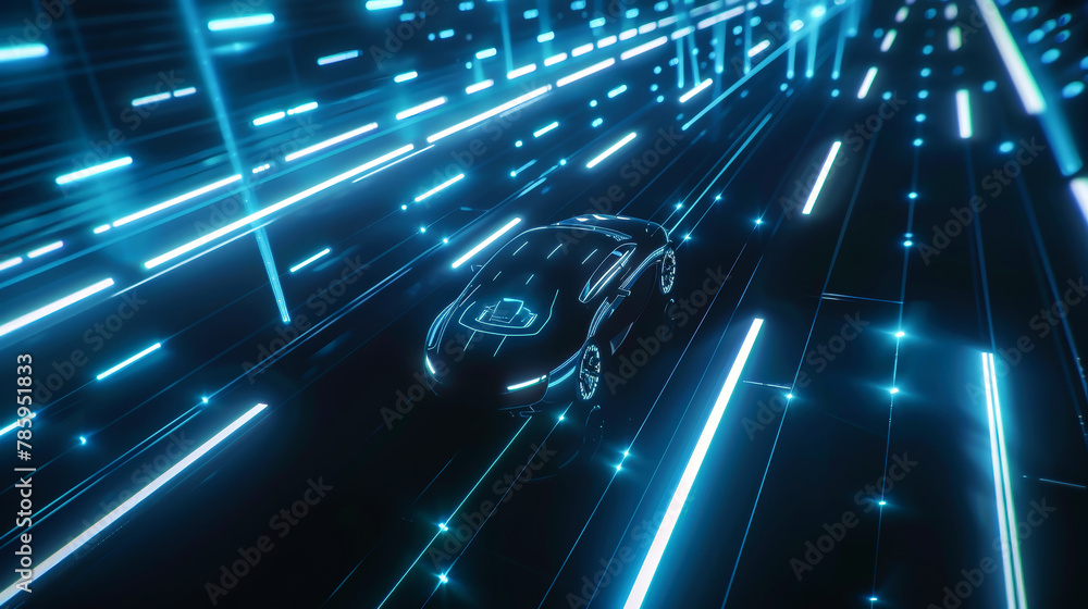 Poster an electric car drives gracefully through a tunnel illuminated by a mesmerizing display of vibrant l