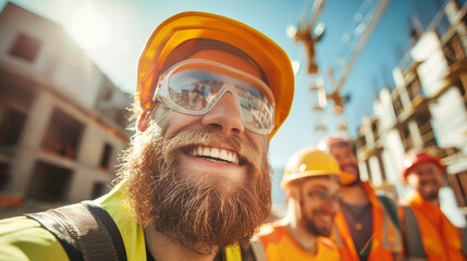 A group of cheerful construction workers, dressed in safety gear, preparing to work at the site - obrazy, fototapety, plakaty