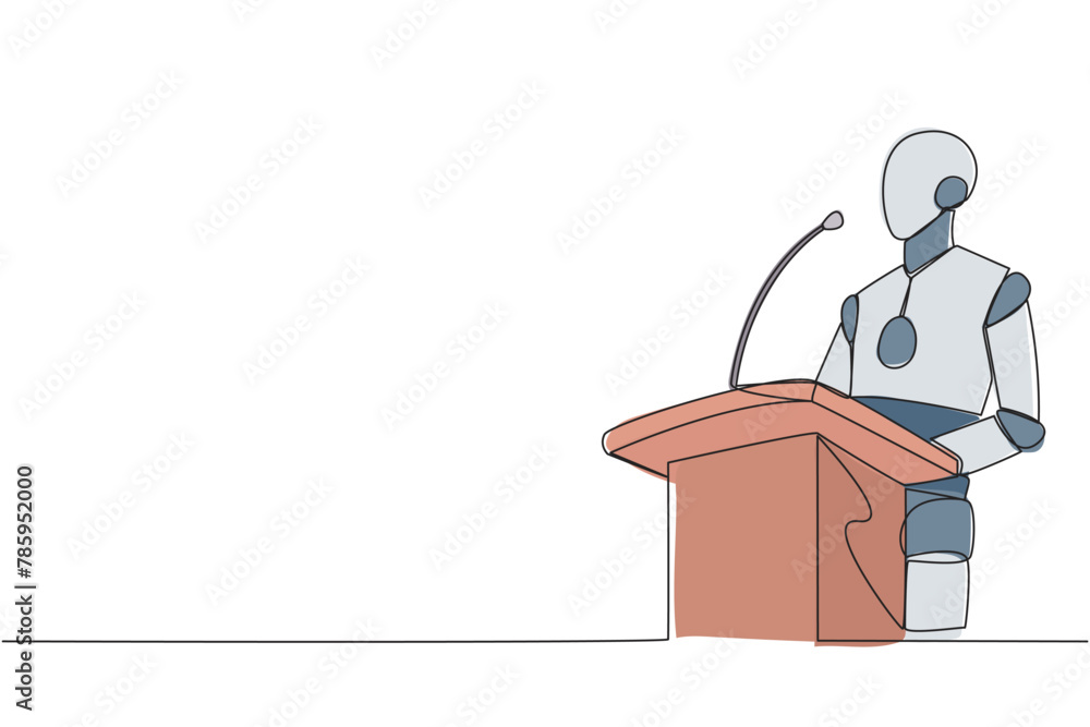 Poster single one line drawing robotic artificial intelligence speaking at podium. announced greatly improv