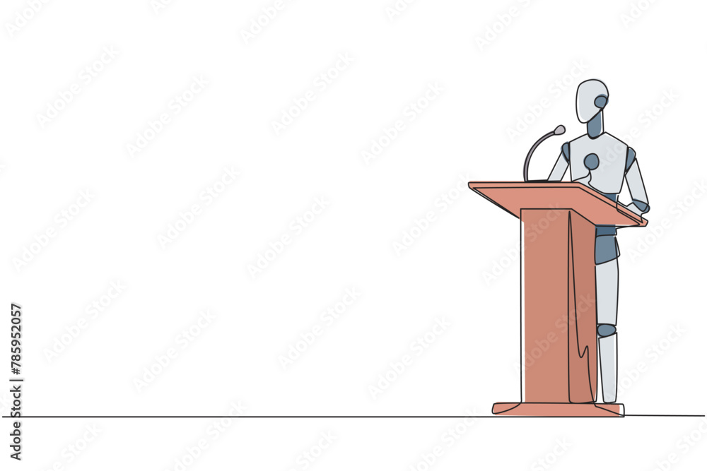 Poster continuous one line drawing inspirational robotic give speech at the podium. convey tips for success