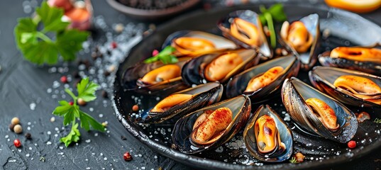 Traditional mediterranean grilled mussels on elegant black plate   culinary delight