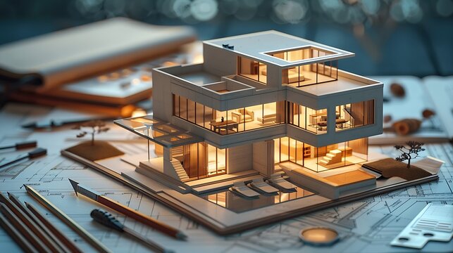 a detailed architectural model of a residential house placed on top of its blueprint plans