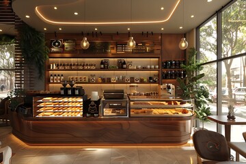 a modern and cozy coffee shop interior featuring an elegant wooden counter