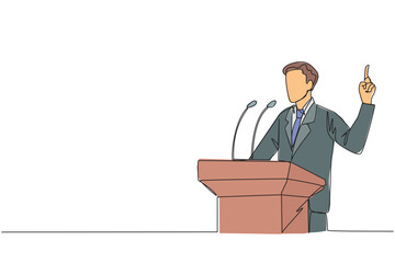 Continuous one line drawing young energetic businessman speaking at the podium while lifting index finger up. He made a favorable statement for the company. Single line draw design vector illustration