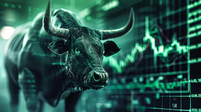 A bull is positioned in front of a stock chart symbolizing bullish market trends and trading activities on the stock exchange