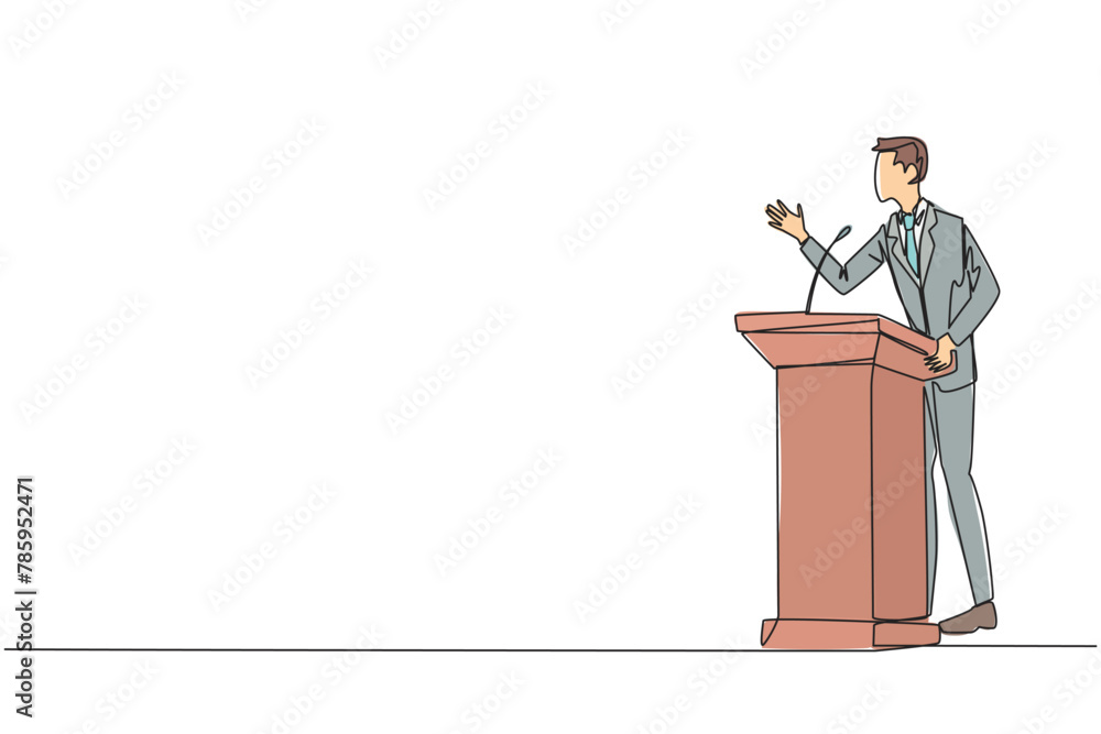 Poster single continuous line drawing businessman speech standing behind podium. inviting to everyone to be
