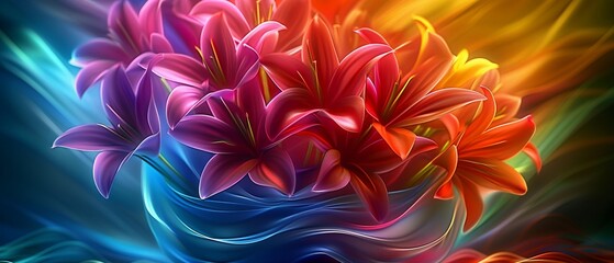 Luminous 3Drendered flowers in a vase, featuring rich, bright colors, ideal for a splash of vibrancy in decor 