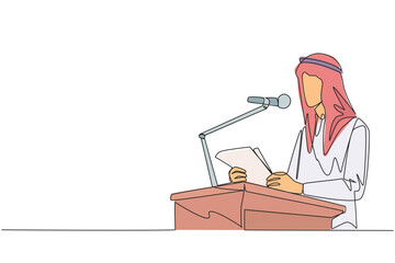 Single continuous line drawing Arab businessman speaking on podium holding piece of paper. Make welcoming speech. Entrepreneur has a new business branch. Happiness. One line design vector illustration