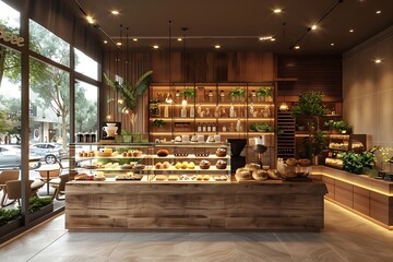 a modern and cozy coffee shop interior featuring an elegant wooden counter