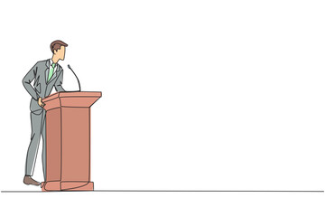 Single one line drawing businessman speech standing behind the podium. Give oration that world business can be more independent. Encourage through words. Continuous line design graphic illustration - obrazy, fototapety, plakaty