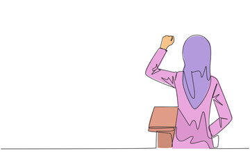 Continuous one line drawing rear view of Arabian businesswoman speaking at podium. Raising and clenching hands, she enthusiastically gave financial gain oration. Single line draw vector illustration
