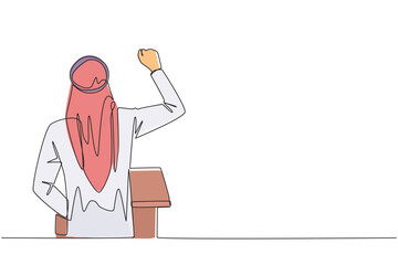 Continuous one line drawing rear view of Arab businessman speaking at podium. Raising and clenching hands, he enthusiastically gave financial gain oration. Single line draw design vector illustration
