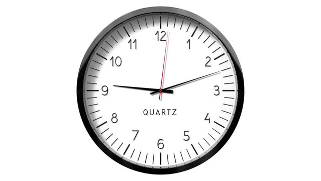 Classic wall clock on white background - 9 to 10 o clock - 3D 4k animation (3840 x 2160 px)