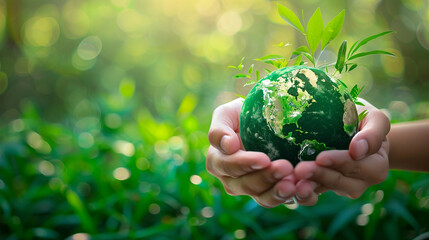Environment Earth Day In the hands holding green earth on Bokeh green Background, Saving...