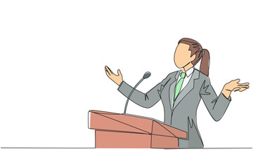 Continuous one line drawing young businesswoman speaking at podium while opening hands. Explain history of the company to become a multinational company. Single line draw design vector illustration - obrazy, fototapety, plakaty