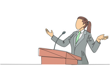 Continuous one line drawing young businesswoman speaking at podium while opening hands. Explain history of the company to become a multinational company. Single line draw design vector illustration