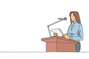 Single continuous line drawing businesswoman speaking on the podium holding a piece of paper. Make a welcoming speech. Entrepreneur has a new business branch. Happiness. One line vector illustration