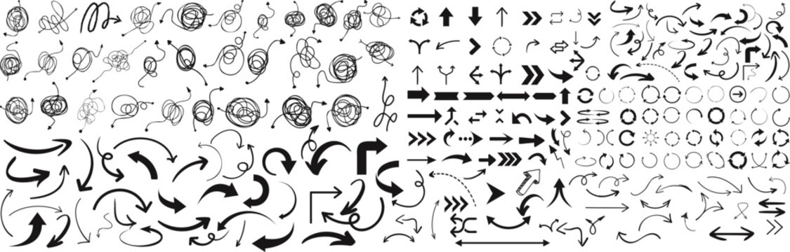Black arrow symbols collection, vector design elements. Perfect for web navigation, user interface, infographic. Includes directional, curved, circular motion arrows