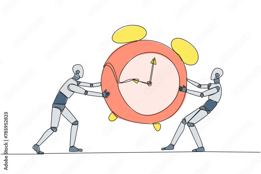 Poster continuous one line drawing two emotional robot fighting over the big alarm clock. the concept of fi
