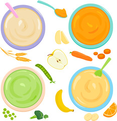 Bowls of baby and toddler food. Cereal, fruit and vegetable puree. Top view. Vector illustration collection
