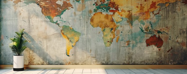 Rustic World Map on Distressed Metal Texture. banner