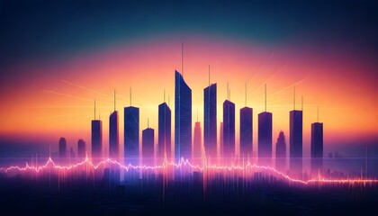 looking for future , Abstract glowing graph line over a cityscape at sunrise with high-rise buildings - obrazy, fototapety, plakaty