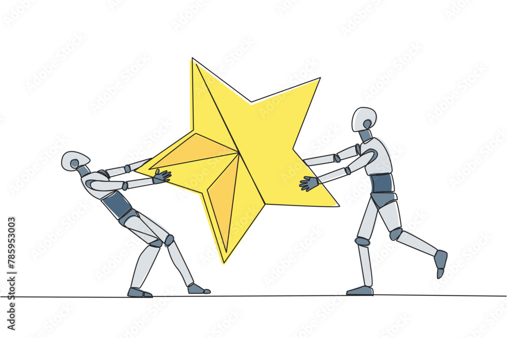 Poster single continuous line drawing two angry robot fighting over the star. the concept of fighting for b