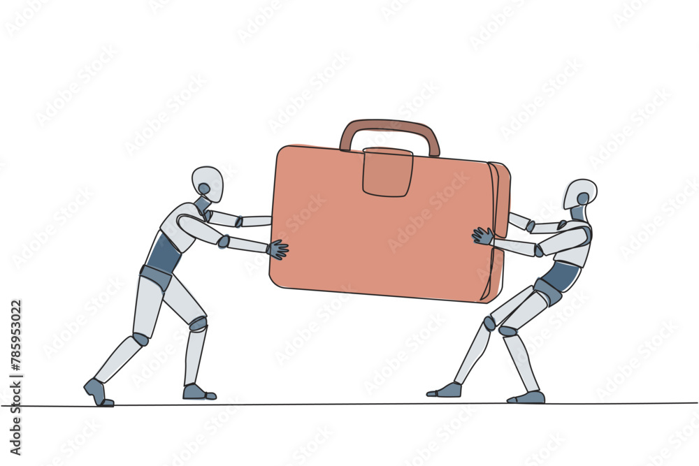 Poster continuous one line drawing two aggressive robot fighting over the briefcase. fight over the client 