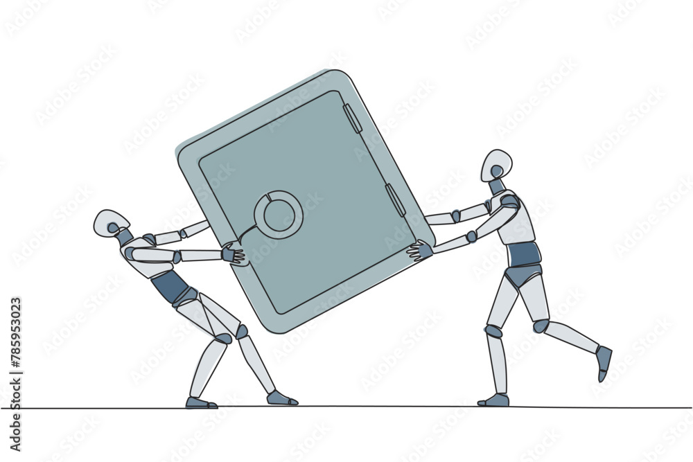 Poster single continuous line drawing two robot fighting over safe deposit box. fight for a safe place to s
