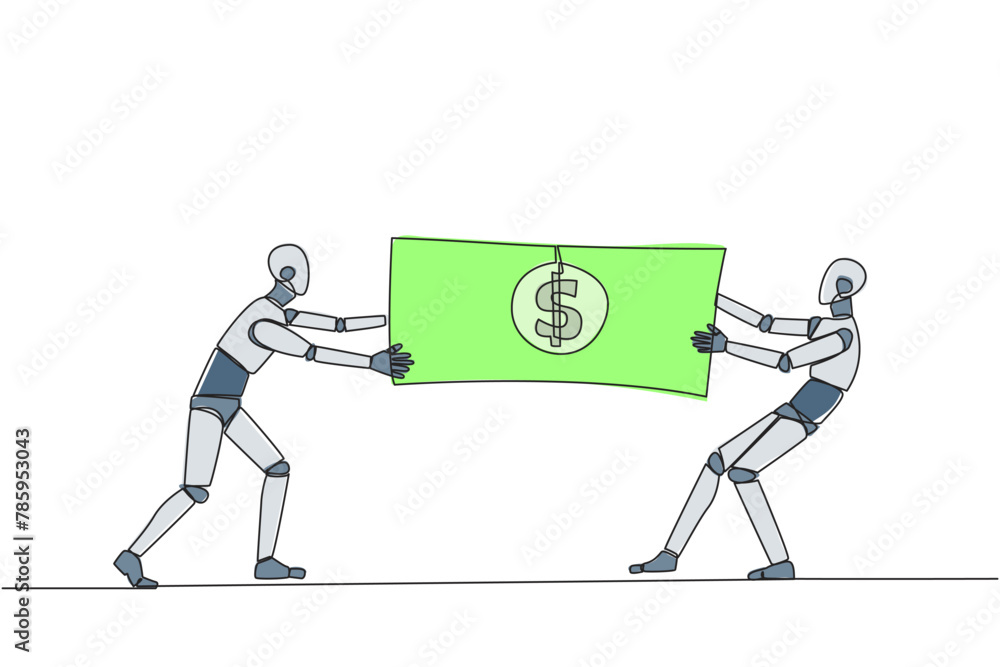 Poster single one line drawing two angry robot fighting over banknotes. fight over the capital provided by 